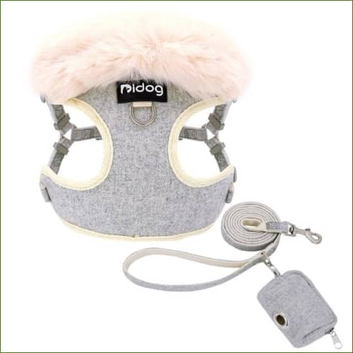 Harnais Chien Chic Midog Avec Col En Fourrure Et Pochette Assortie Gris / L